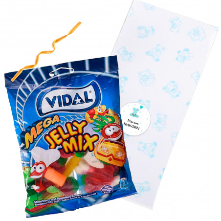 Mix de gominolas en bolsa de ositos azules cierre dorado y adhesivo personalizado para bautizo