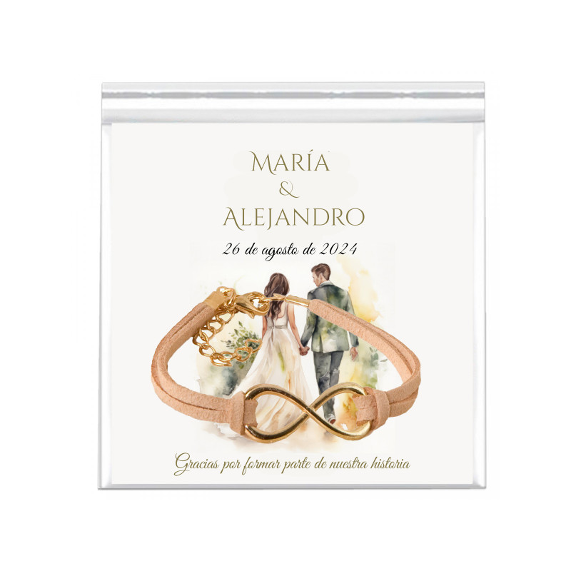 Pulsera de infinito con tarjeta personalizada en bolsa de propileno para bodas