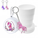 Vaso plegable reutilizable con adhesivo de unicornio y llavero a juego