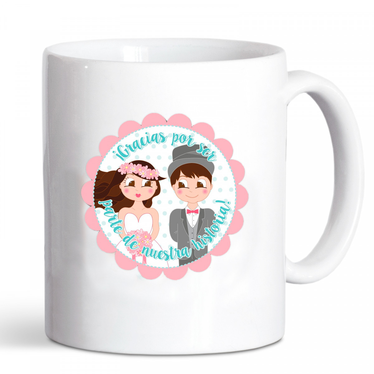 Taza con adhesivo de agradecimiento para detalles bodas