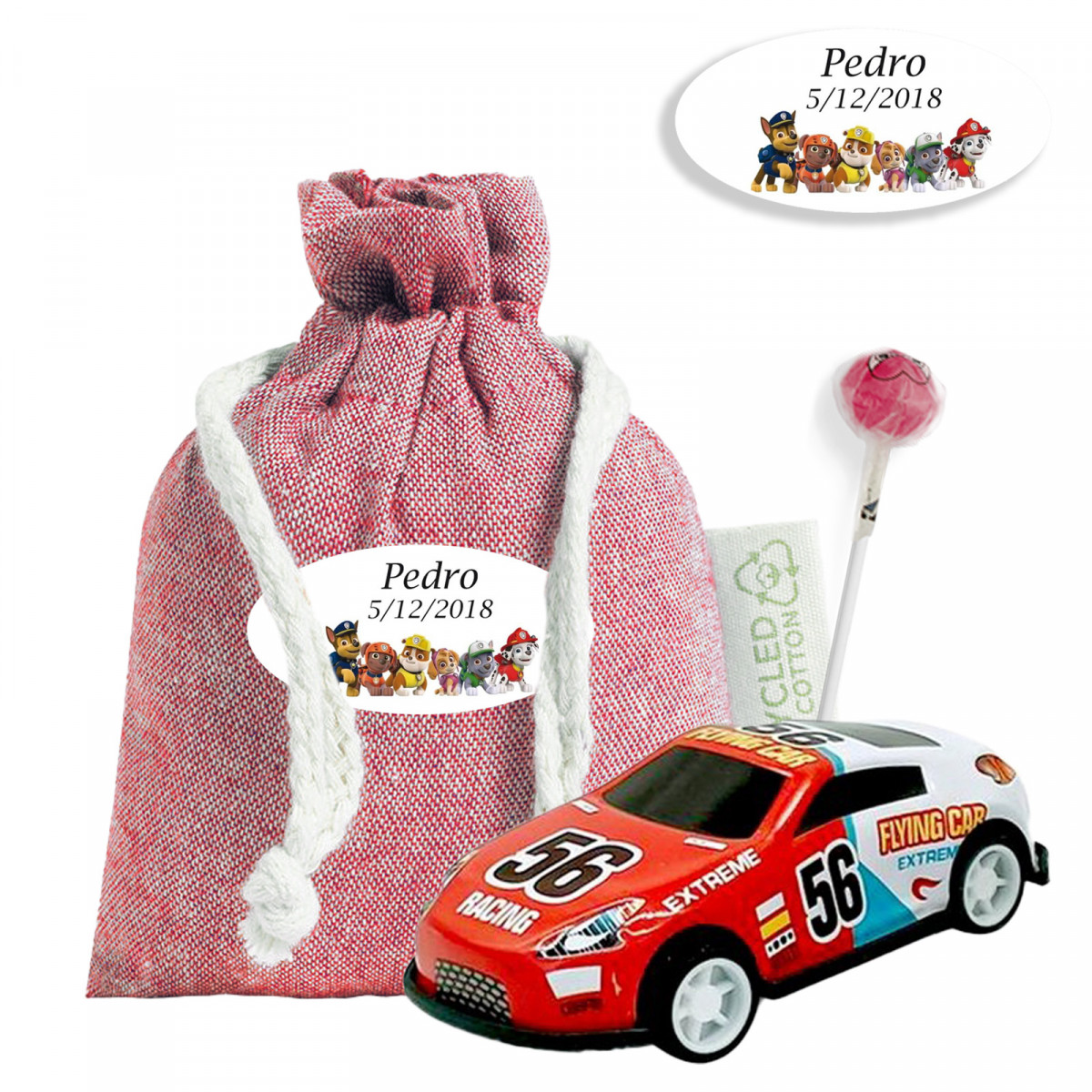 Coche de juguete de metal con chupachups en bolsa personalizada para evento infantil