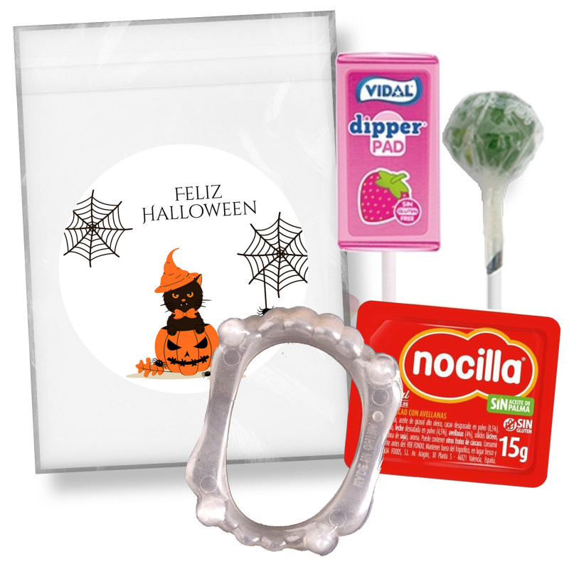 Chucherías para halloween y dentadura de vampiro en bolsa transparente con adhesivo personalizable