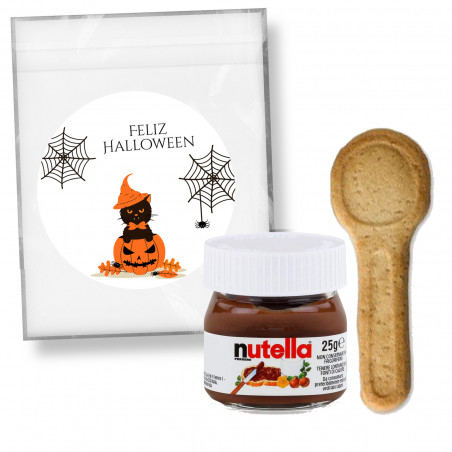 Nutella en bote pequeño con cuchara de galleta presentado en bolsa personalizada con adhesivo de halloween