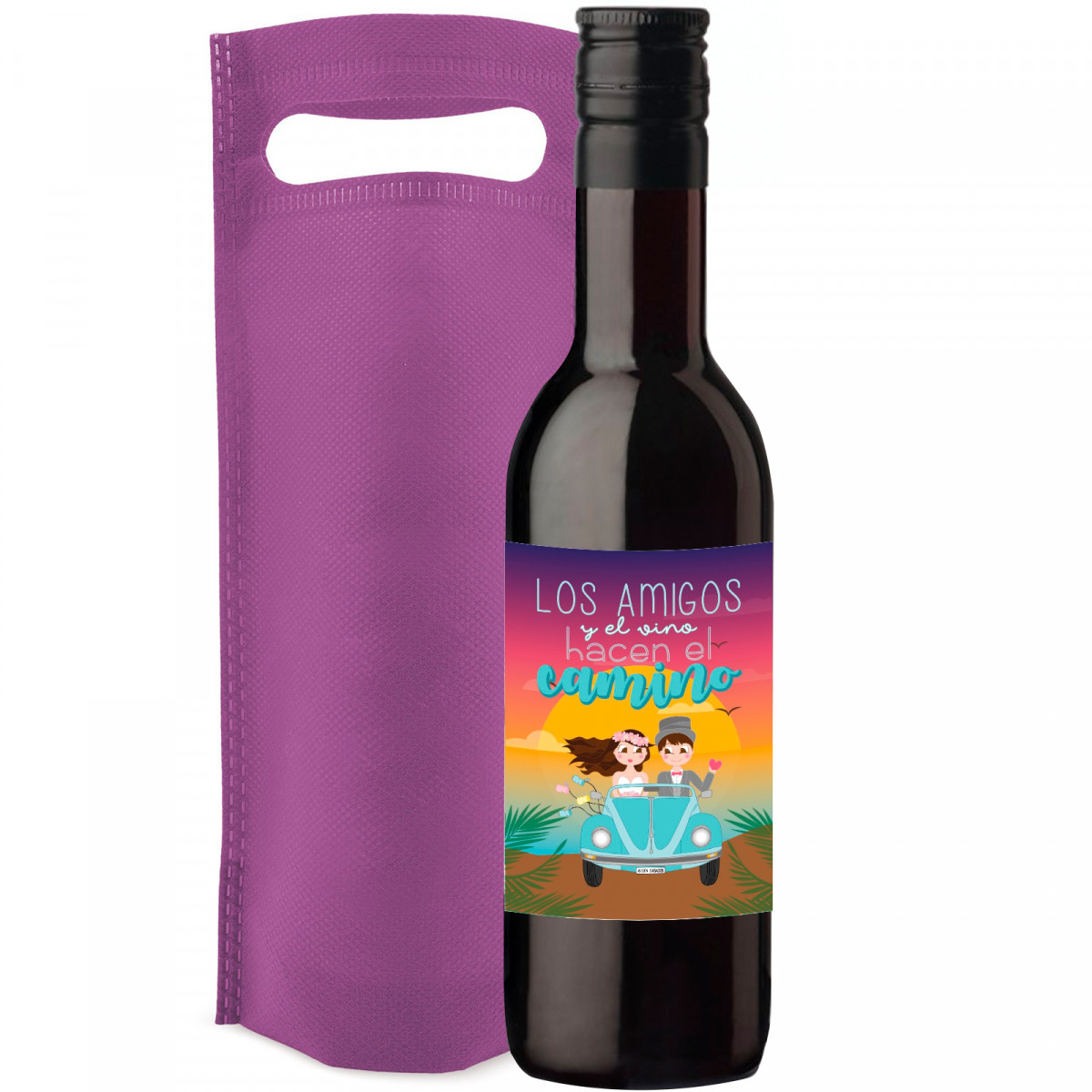 Vino tinto con adhesivo personalizado en bolsa lila para detalles