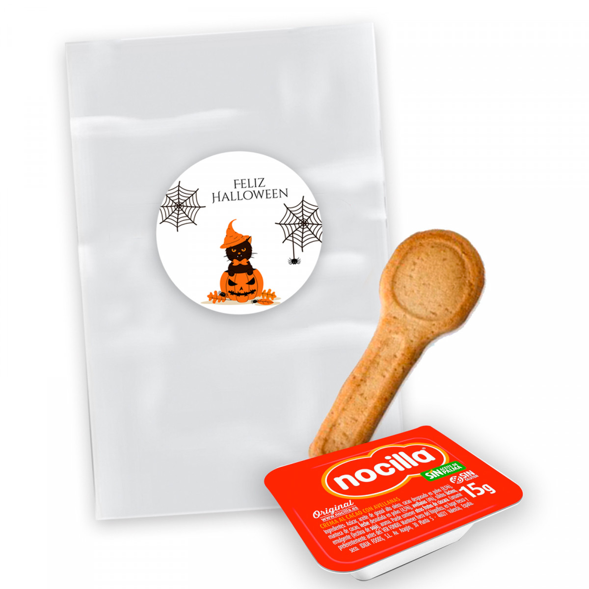 Nocilla mini 15 gr con cuchara de galleta en bolsa transparente con adhesivo halloween personalizado para detalles