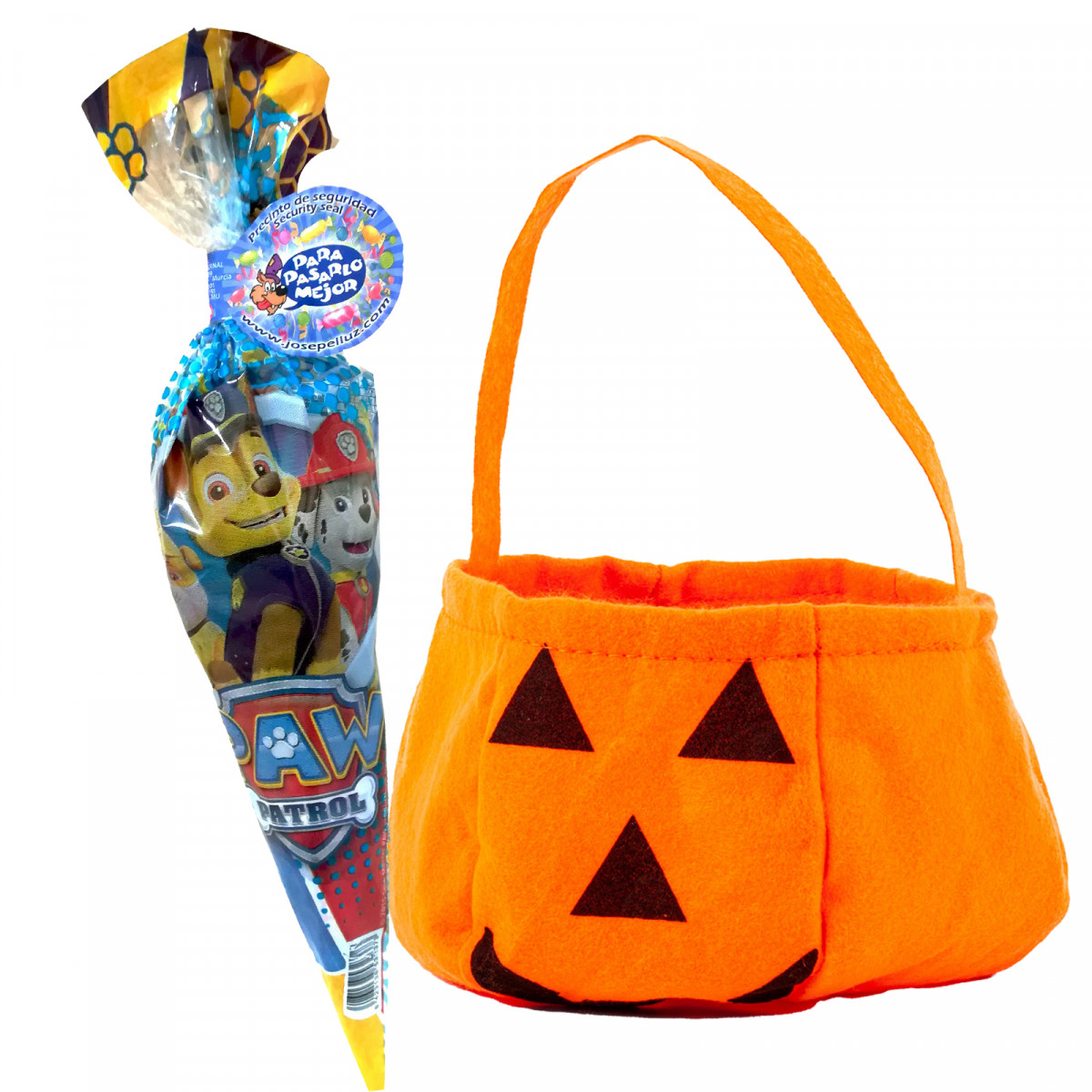 Bolsa de calabaza para Halloween con cucurucho de chucherías