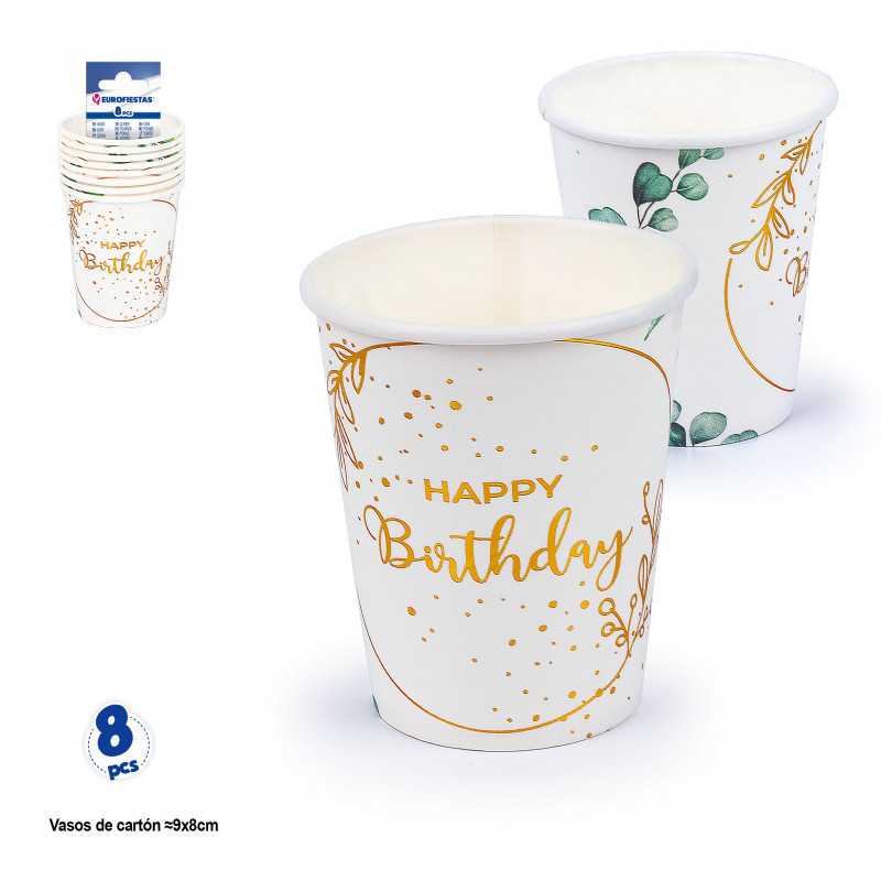 Vasos de cartón para cumpleaños con motivos florales en pack de 8 unidades