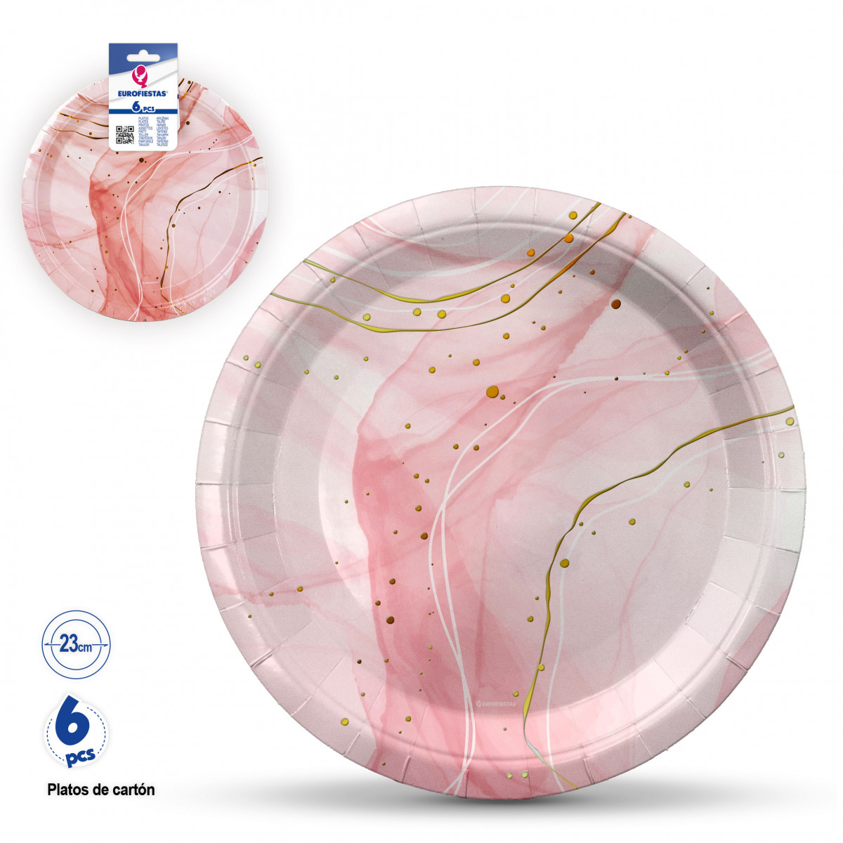 Platos rosas efecto marmol desechables en pack de 6 unidades