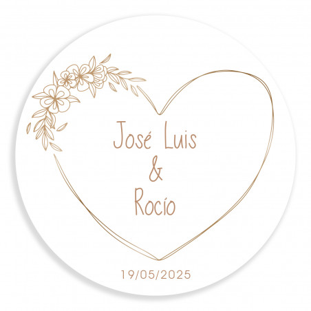 Adhesivo con corazón con líneas minimalistas redondo personalizable 5cm para bodas y eventos