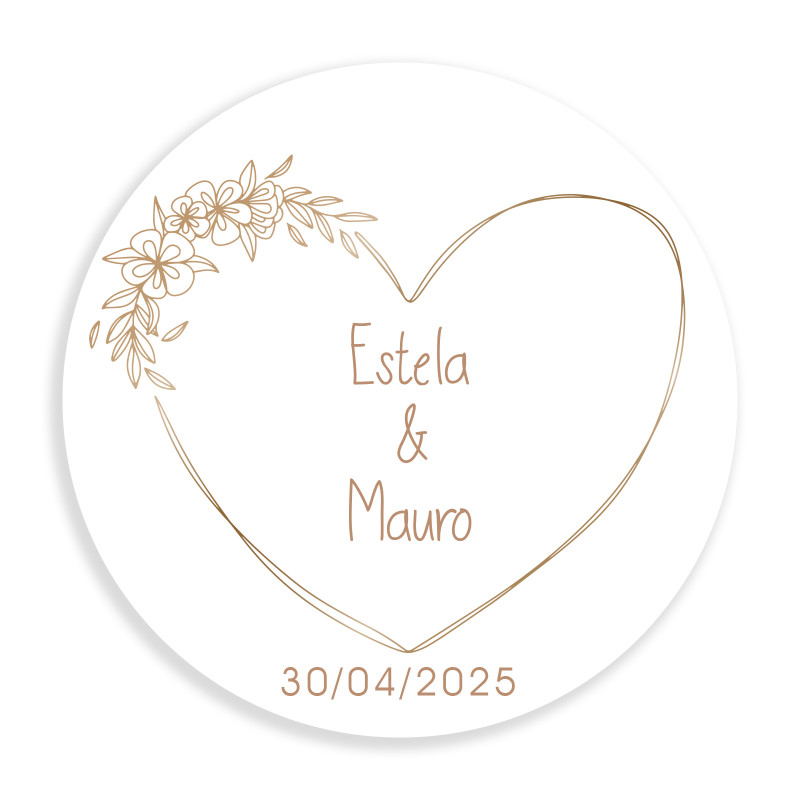 Adhesivo con corazón con líneas minimalistas redondo personalizable 3cm para bodas y eventos