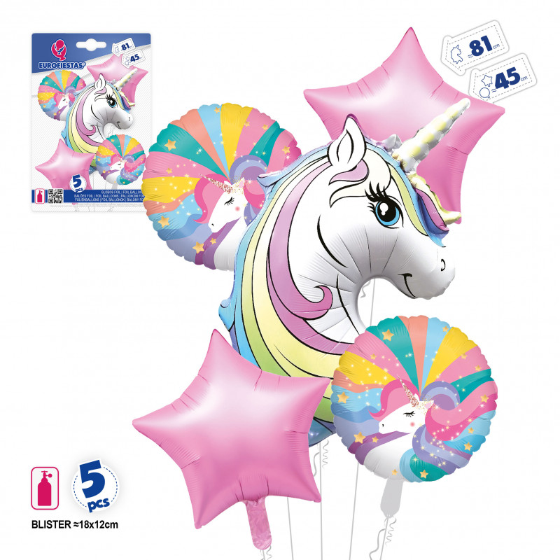 Globos de unicornios y estrellas en pack de 5 piezas