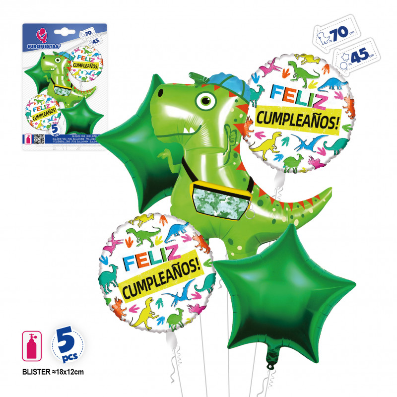 Globos de dinosaurios en pack de 5 unidades para cumpleaños