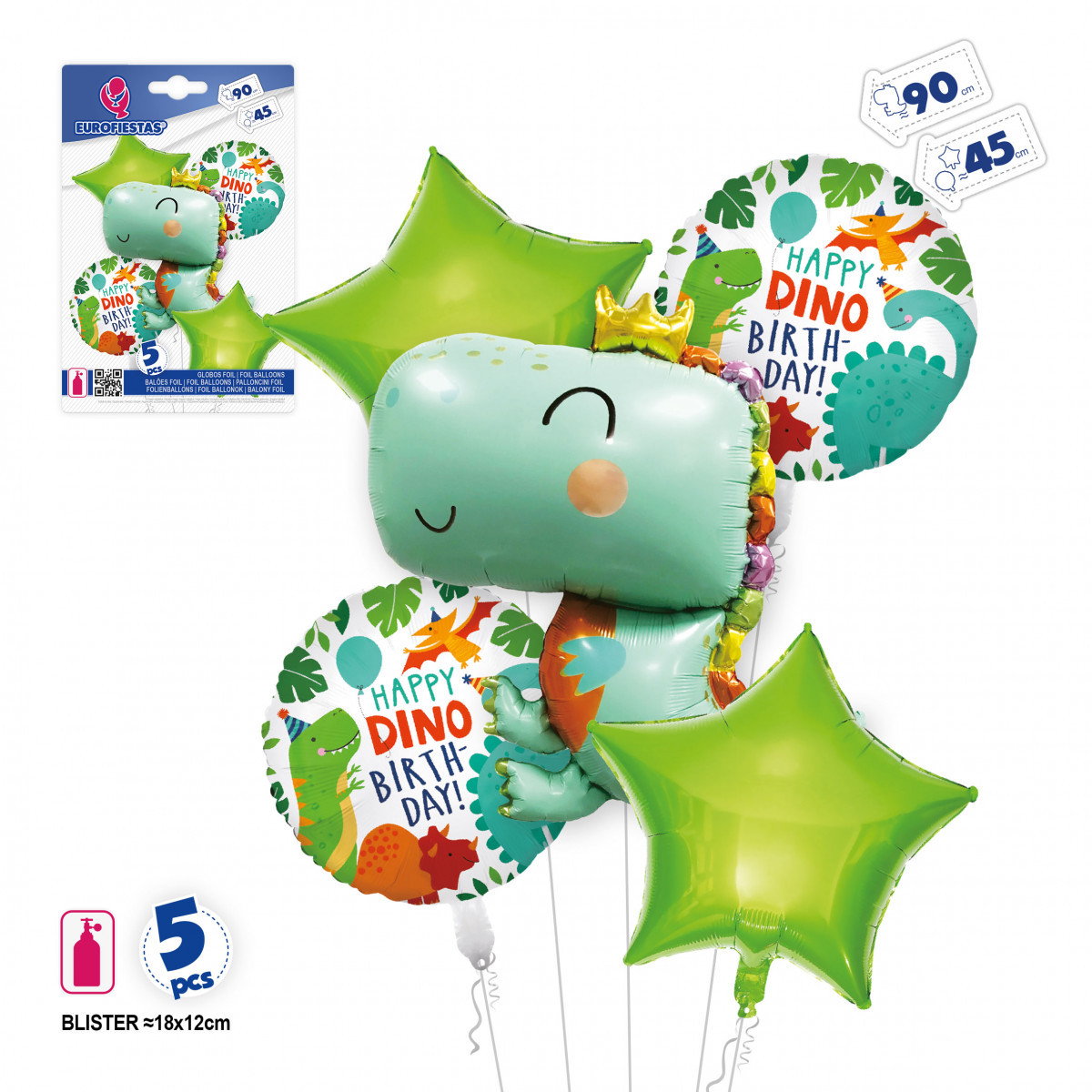 Globos de dinosaurios para cumpleaños en pack de 5 piezas