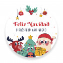 Adhesivo de Navidad personalizable con diseño de Papá Noel y amigos redondo 5cm