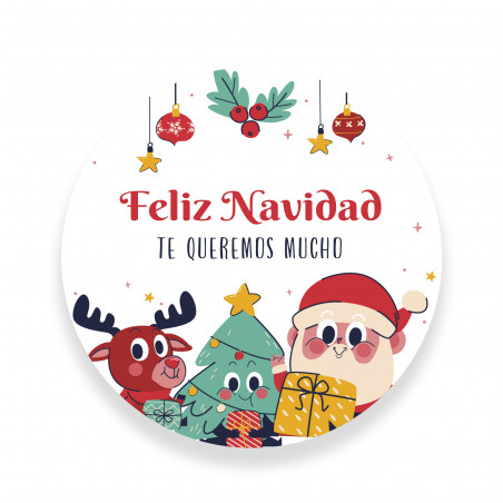 Adhesivo de Navidad personalizable con Papá Noel y amigos redondo 3cm