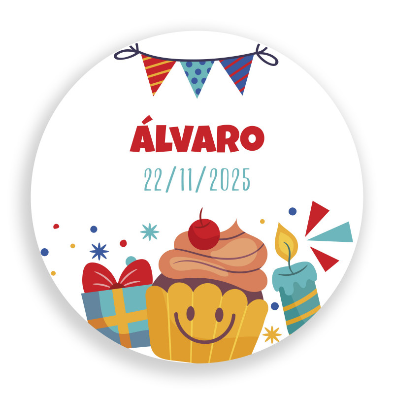 Adhesivo de cumpleaños personalizado  3cm redondo con elementos animados y divertidos