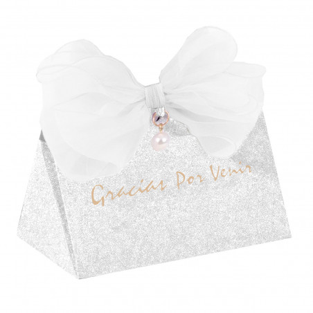 Espejito plegable con adhesivo minimalista personalizable en caja de cartón brillante plata con perlas para bodas y eventos