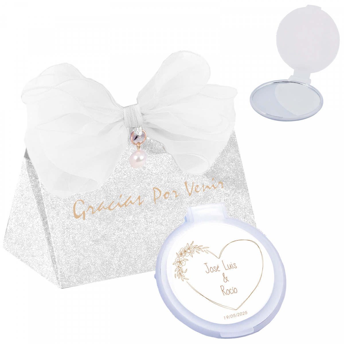 Espejito plegable con adhesivo minimalista personalizable en caja de cartón brillante plata con perlas para bodas y eventos