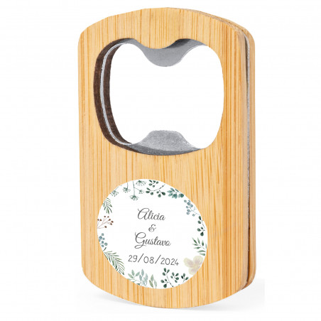 Abridor abrebotellas de bambú con adhesivo personalizado para bodas