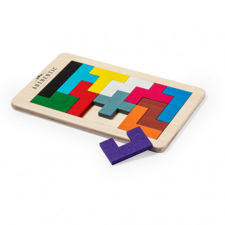 Tetris de madera con piezas de colores en sobre rojo 13x17 y adhesivo de Papá Noel y amigos para regalar en Navidad