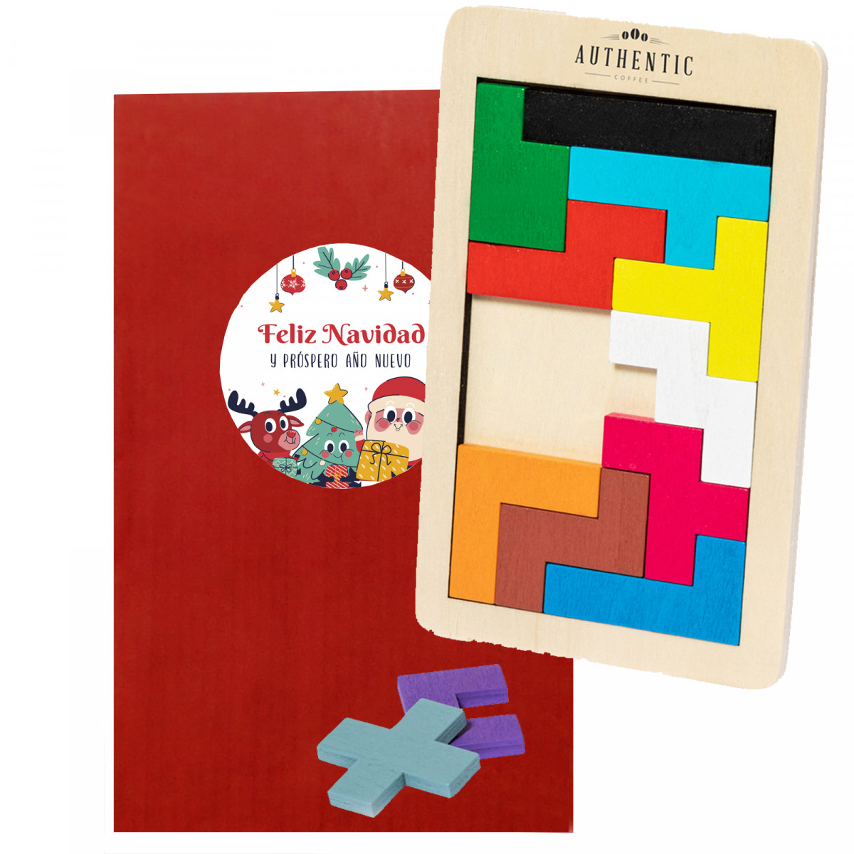 Tetris de madera con piezas de colores en sobre rojo 13x17 y adhesivo de Papá Noel y amigos para regalar en Navidad