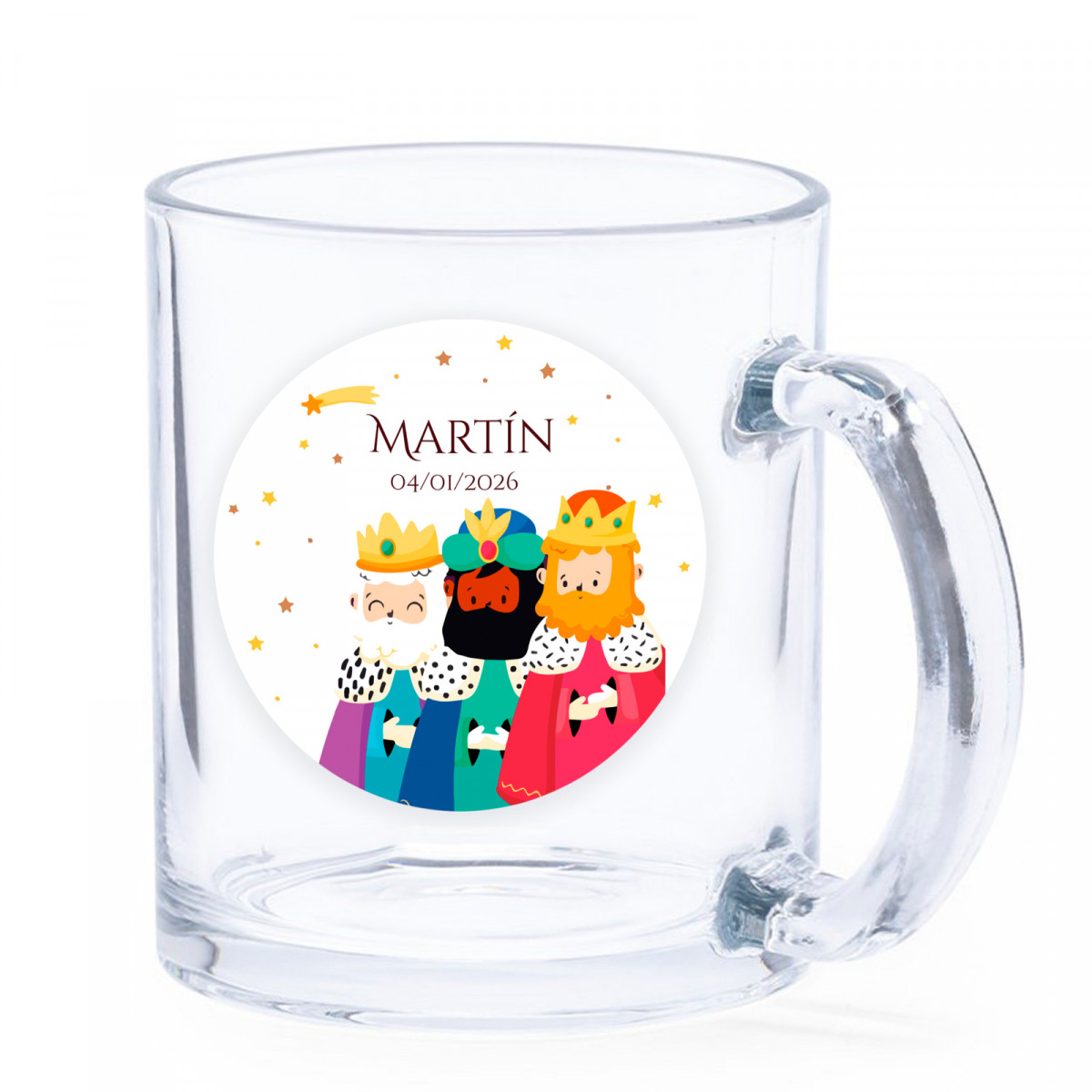 Taza de cristal navideña con adhesivo Reyes Magos personalizable para detalles