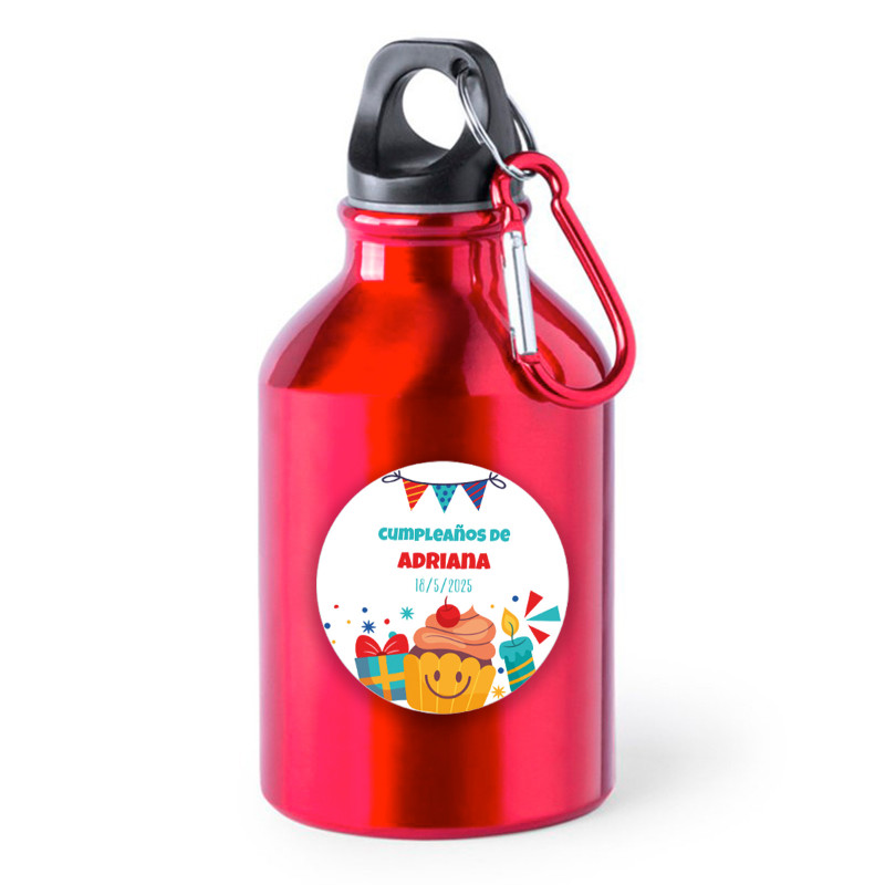 Botella roja con adhesivo personalizable para detalles