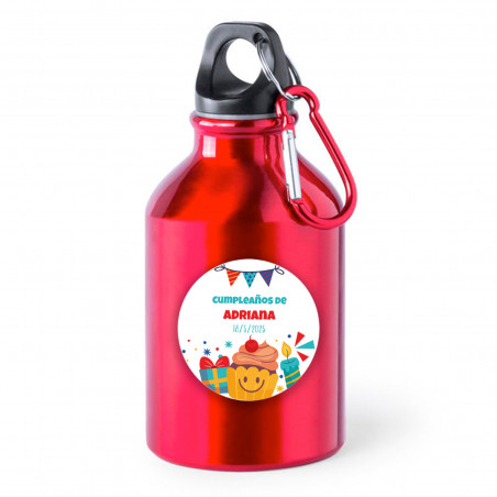 Botella roja con adhesivo personalizable para detalles