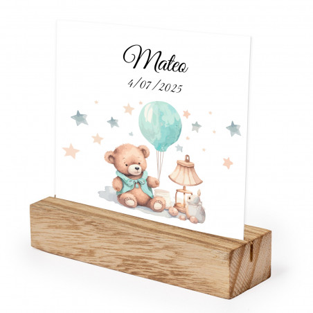 Soporte de madera con tarjeta personalizada para decoración mesa bautizo