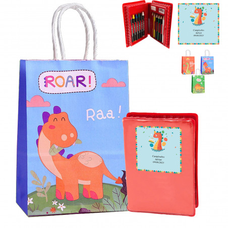 Estuche con material de dibujo con adhesivo personalizado de dinosaurio y bolsa estampada a juego