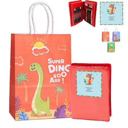 Estuche con material de dibujo con adhesivo personalizado de dinosaurio y bolsa estampada a juego