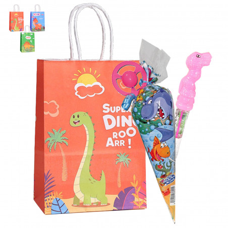 Pompero de dinosaurio y bolsa a juego con chuches para regalar