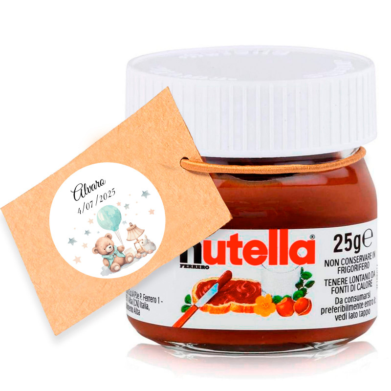 Nutella 25 gr. con etiqueta colgante personalizada para detalles bautizos