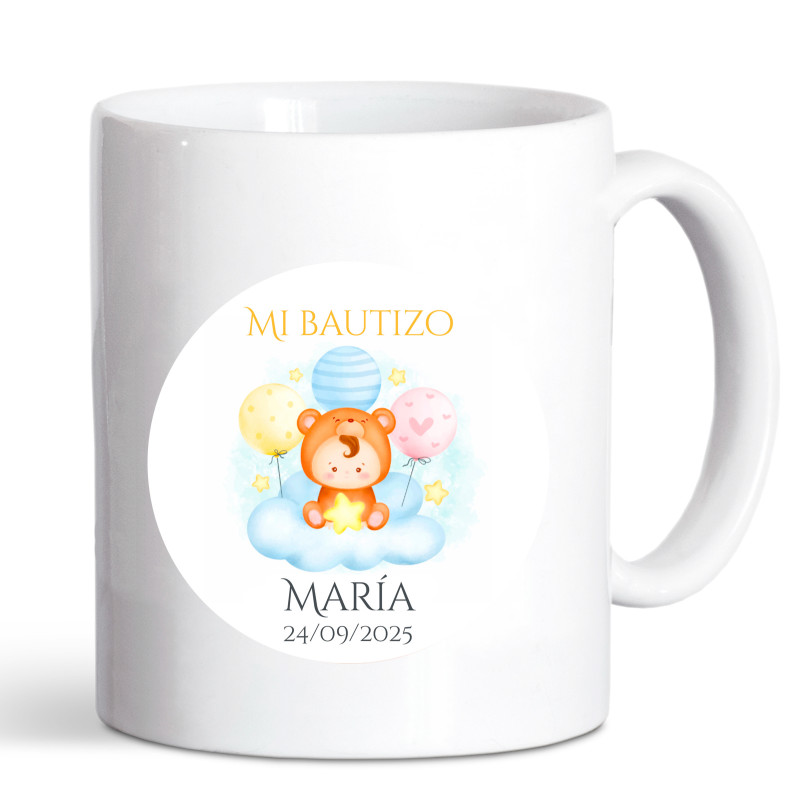 Taza personalizada con adhesivo para detalles de bautizo