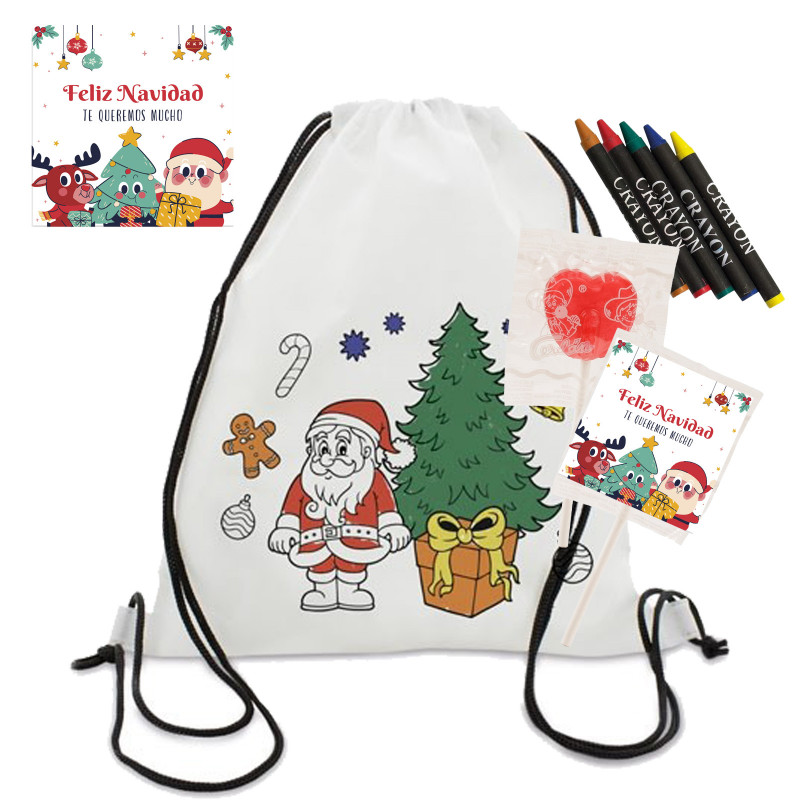 Mochila infantil para pintar con ceras incluidas y piruleta personalizada con adhesivo de Navidad