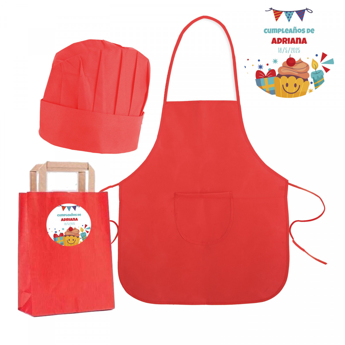 Delantal y gorro de cocina infantil rojos en bolsa de papel a juego con adhesivo  personalizado para cumpleaños