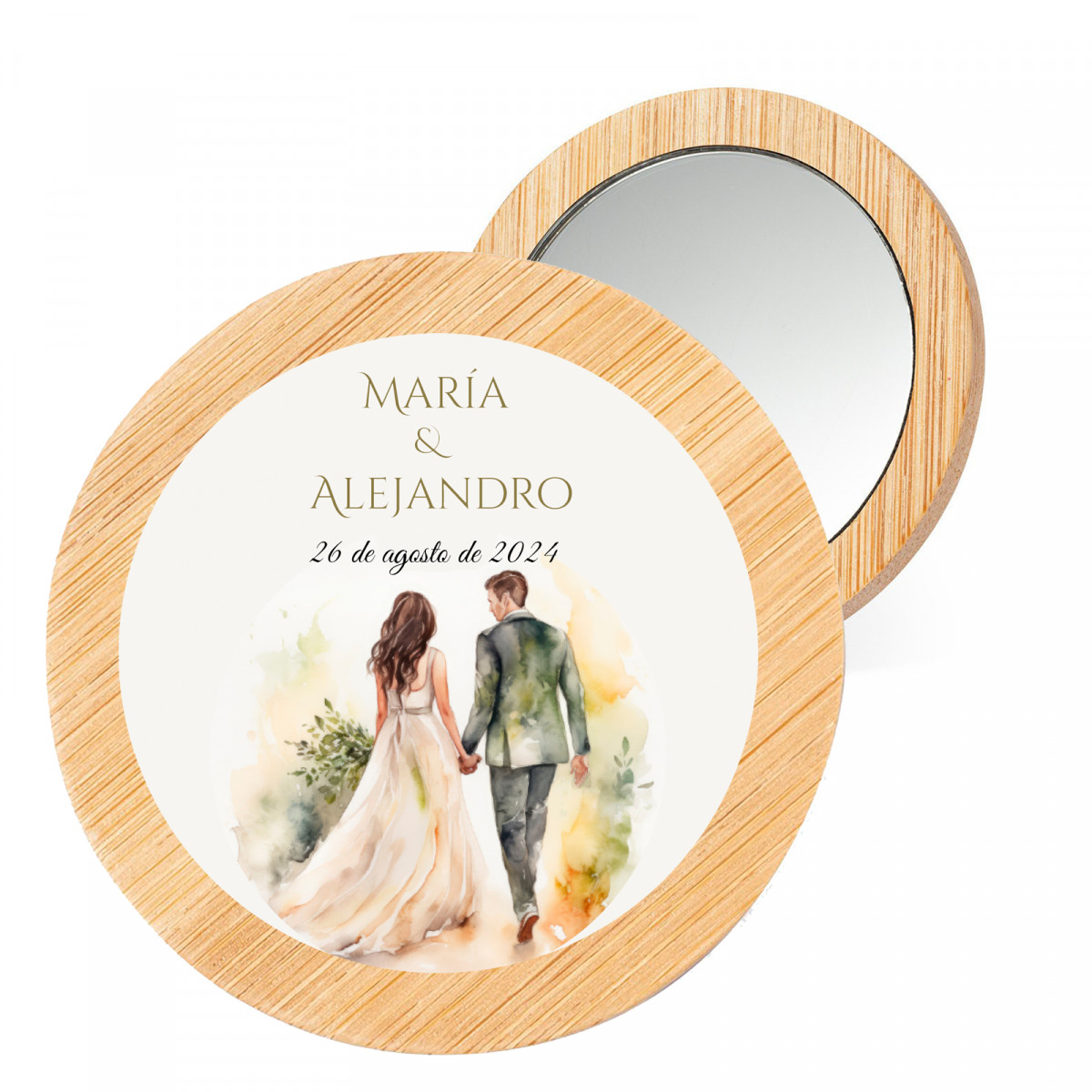 Espejo de madera personalizado con adhesivo novios para detalles