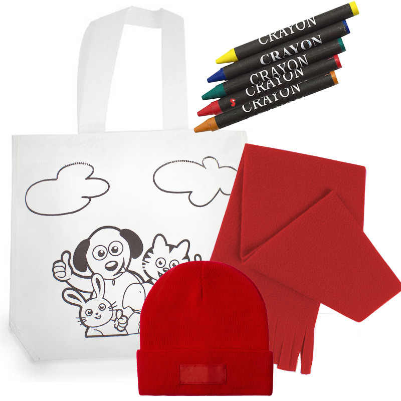 Gorro y bufanda infantil en rojo con bolsa para pintar para regalar