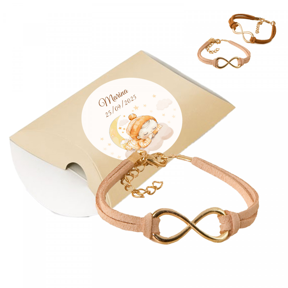 Pulsera infinito en cajita de presentación beige personalizada con adhesivo para Bautizos