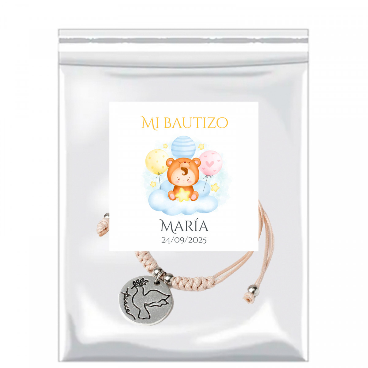 Pulsera con medalla decorativa en bolsa con adhesivo personalizable para detalles