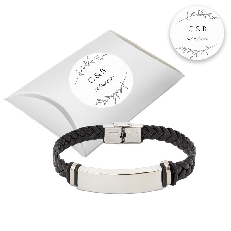 Pulsera de acero para hombre presentada en caja plateada de cartón con adhesivo personalizado para eventos