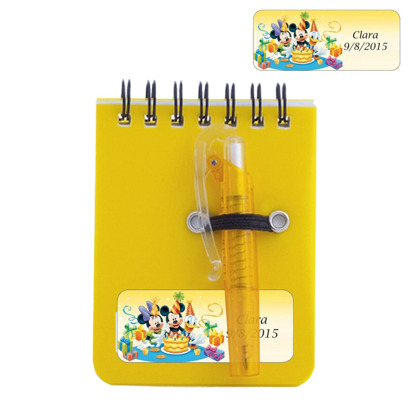 Libreta con bolígrafo a juego personalizada con adhesivo de mickey y amigos para cumpleaños