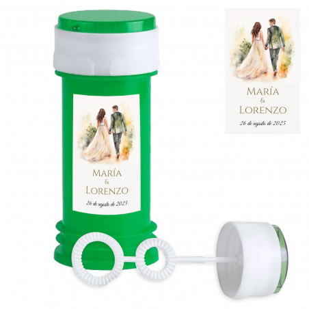 Pompero verde (sin jabón) personalizado con adhesivo para Bodas