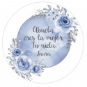 Adhesivos editables 5cm para personalizar con fondo de luna azul y flores para eventos