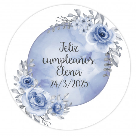 Adhesivos editables 5cm para personalizar con fondo de luna azul y flores para eventos