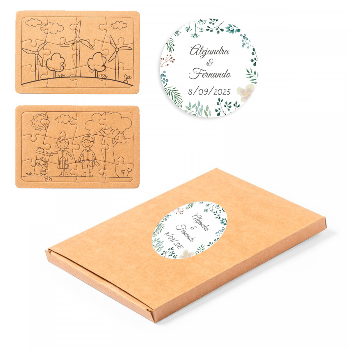 Puzzles ECO presentados en caja con adhesivo personalizable para detalles