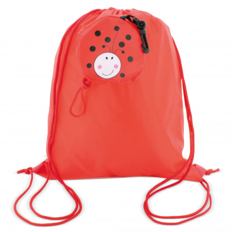 Mochila plegable de mariquita y piruleta con adhesivo personalizado de cumpleaños