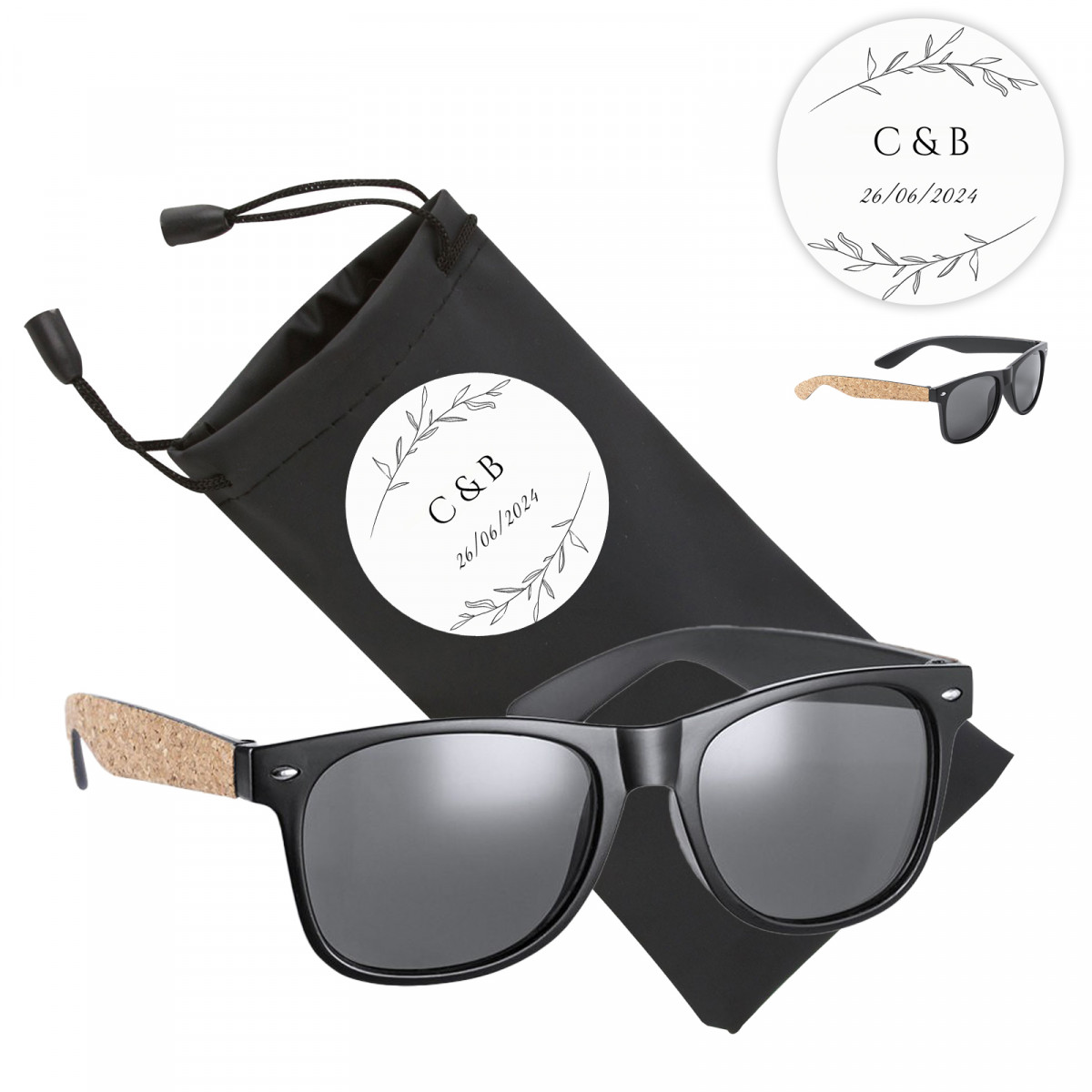 Gafas de sol negras con patillas de corcho en funda a juego personalizada con adhesivo para bodas y eventos