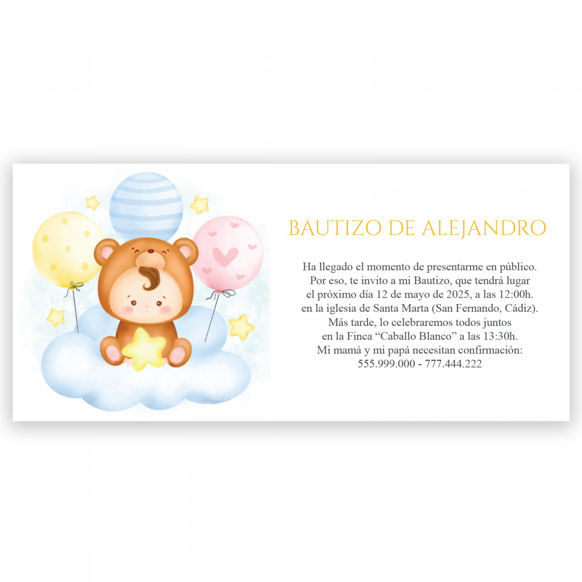 Invitación para bautizo de bebé en nube con globitos con sobre blanco