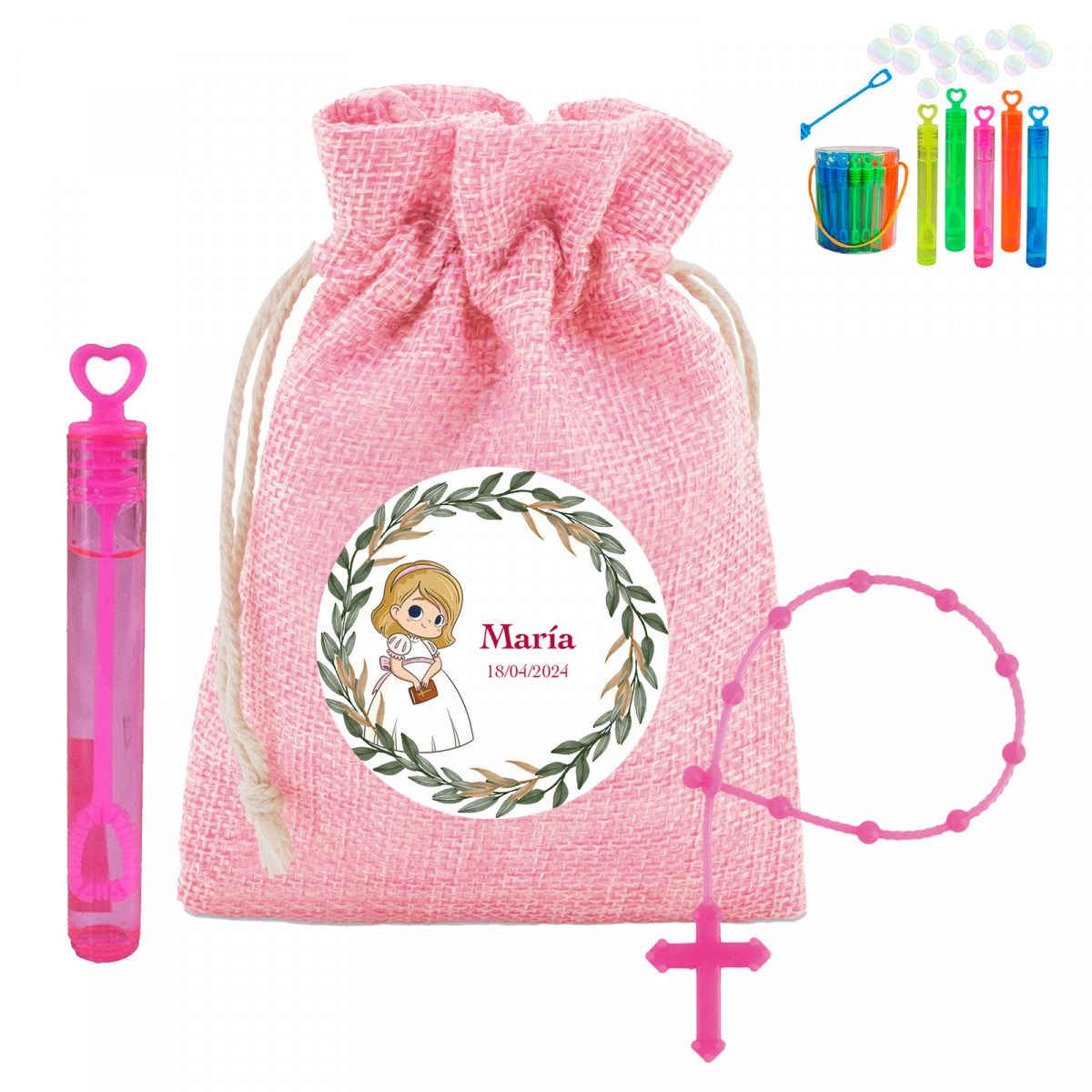 Rosario infantil fucsia con minipompero en bolsa rosa personalizada para Comunión niña